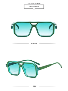 Front and side views of green aviator sunglasses with retro double bridge frame