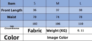 Size chart detail for hooded denim jacket and shorts set with fabric and weight info