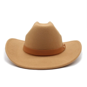 Classic camel wide brim wool felt cowboy hat with brown leather band and gold rivet