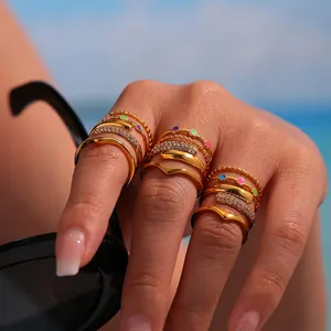 Geometric Stainless Steel Rings For Women 18K Gold Plated Zircon Inlaid Colorful Enamel Evil Eye Bohemian Jewelry