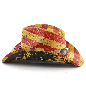 Detail view of American flag cowboy hat with vintage red stripes and artistic paint splatters