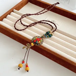 Ethnic Bohemian Long Pendant Necklace Colorful Ceramic Beads Alloy Leaf Charm Hand Woven Rope Vintage Sweater Chain