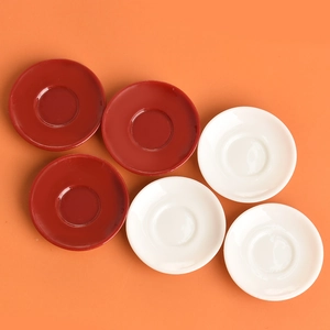 Set of 6 mini red and white ceramic saucers for dollhouse coffee cup accessories