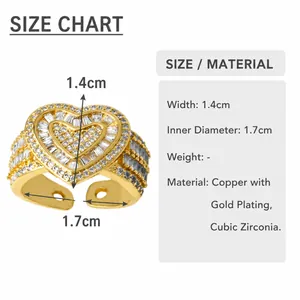 Detailed size chart showing 1.4cm width and 1.7cm diameter for gold heart ring