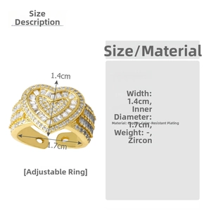 Detailed size chart showing 1.4cm width and 1.7cm diameter for gold heart ring