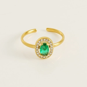 18K gold-plated oval green zircon open ring with white diamond halo for women