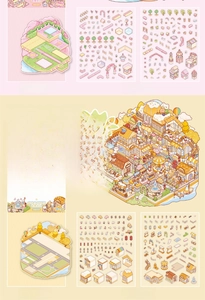 Detail of 3D miniature garden house stickers with PET transparent sheets and scenery card