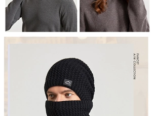 Detail view of black knitted hat and scarf set with soft fleece lining and sport patch