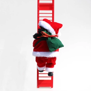 Detail of climbing black Santa Claus figure in plush suit with red ladder decoration