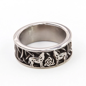 Vintage Viking wolf head ring with Celtic knot carvings in antique silver steel finish
