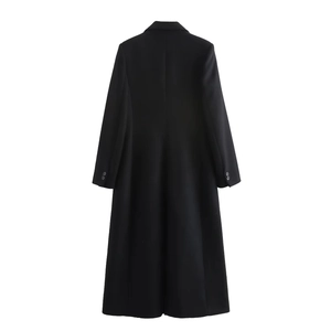 Back view of a long black wool blend coat with elegant tailored silhouette