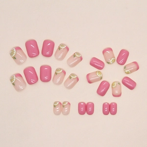 Short square pink press-on nails featuring cute lemon hand-painted fruit nail art designs