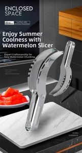 Close-up of stainless steel watermelon slicer with serrated edges and anti-slip handle