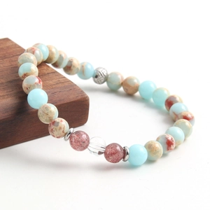 Natural Stone Beaded Bracelet With Picture Jasper Strawberry Quartz Stainless Steel Spacers Elastic Minimalist Jewelry