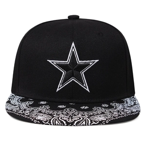 Detailed view of 3D star embroidery and paisley print on a black snapback hat crown