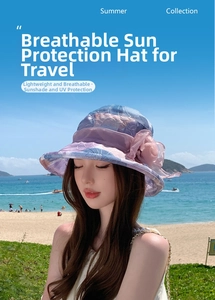 Close-up of beach sun hat featuring gradient purple brim and pink organza flower detail
