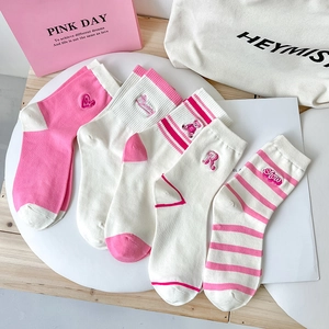 Pink and white striped socks with cute bear and heart patterns for daily wear