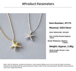 Detailed specs for S925 sterling silver starfish pendant necklaces in gold and silver