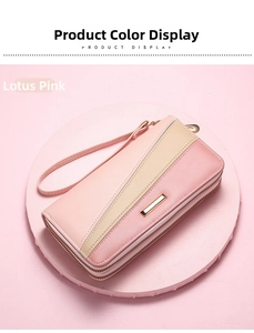 Detail of pink and beige double zipper long wallet for women with metal logo and wristlet
