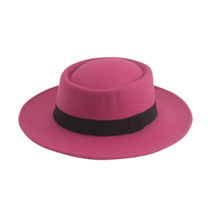Classic rose red flat top felt jazz fedora hat with elegant black grosgrain ribbon band