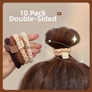 Detail of 10pcs high elastic velvet hair ties with handmade bear leather labels
