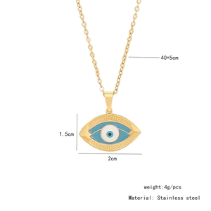 Detail showing dimensions of evil eye pendant and stainless steel chain necklace