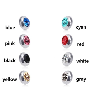 Detailed view of stainless steel round stud earrings set with multi-color crystals