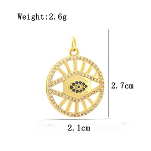 Detailed view of gold-plated Evil Eye pendant with zircon inlay and size dimensions