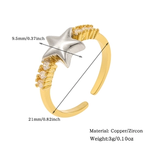 Detailed specs of the gold and silver star zircon ring with dimensions and material info