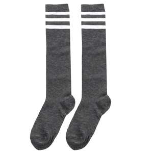 Pair of dark grey knee-high socks with three white stripes in a classic JK school style