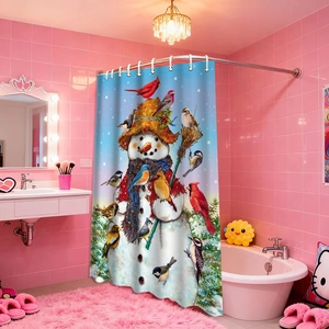 Winter snowman and colorful birds pattern shower curtain with metallic top grommets