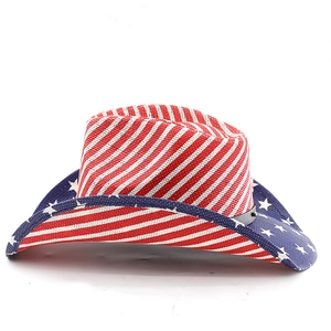 Close-up of the American flag pattern on a woven cowboy hat with stars and stripe details