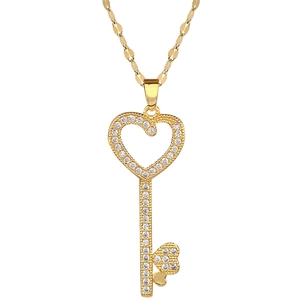 Luxurious gold stainless steel heart-shaped key necklace with sparkling pavé crystals