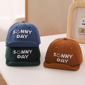 Detail of baby soft brim cotton baseball cap with Sunny Day embroidery in three colors