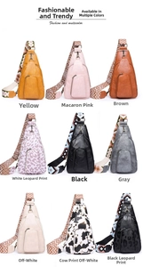 Collage of nine vintage PU crossbody bags in various colors with ethnic style wide straps