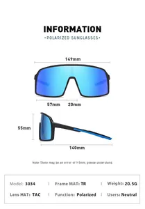 Detailed size chart for TR90 polarized sports sunglasses with dimensions and TAC lens specs