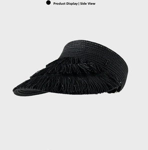 Detail view of black woven straw sun hat showing the texture and stylish fringe brim