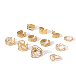 12-piece bohemian 18k gold plated ring set featuring leaf, heart, and star designs
