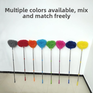Detail of multi-color retractable microfiber dusters with stainless steel handles