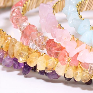 Handmade headband featuring natural colorful stone chips wrapped on a gold metal base