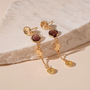 Vintage long tassel drop earrings with gold textured discs and colorful glass beads