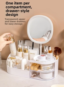Detailansicht des Make-up-Organizers mit LED-Spiegel und transparenten Aufbewahrungsschubladen