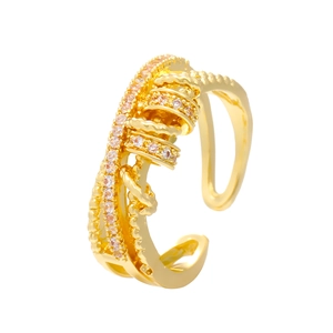 Adjustable golden infinity spinner ring with zircon stones and beaded texture details