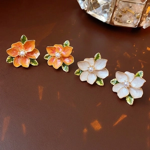 French vintage floral pearl stud earrings with orange and white enamel petals
