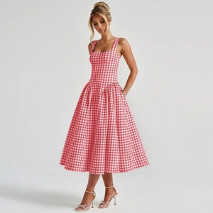 Macro detail of French plaid pattern on a high waist backless princess dress for women