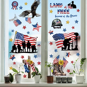 Patriotic USA window stickers with flag, eagle, and soldiers on glass window background