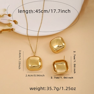 Golden square necklace and earrings set with leaf texture and detailed size dimensions