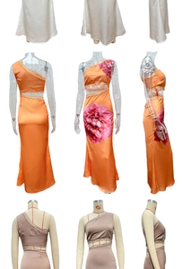 Vues détaillées de robes longues en satin avec dentelle, découpes et imprimés floraux