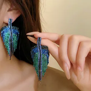 Blue rhinestone leaf fringe drop earrings with silver needle for elegant women