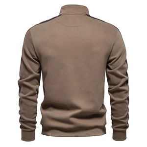 Rear view of brown cotton jacket with stand collar and dark side stripe detailing